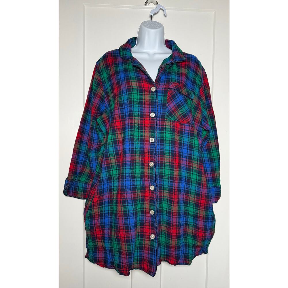 Lands End Womens Long Sleeve Flannel Pajama Gown  Plaid Size XL Red Blue Green